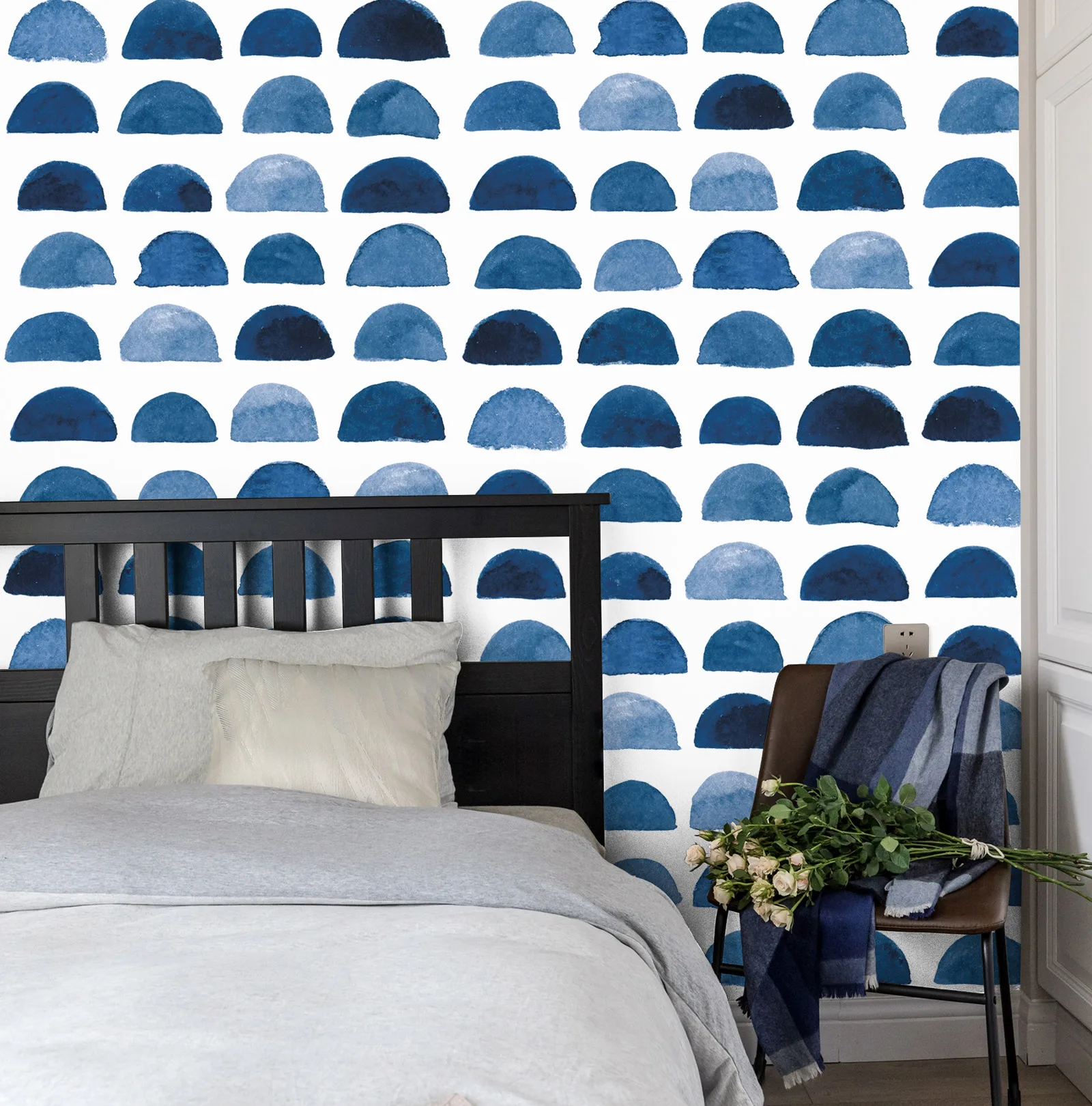 Removable Boho Art Watercolor Brush Strokes Scallop Wallpaper,Blue&White Self Adhesive Wallpaper For Bedroom Wall Decoration