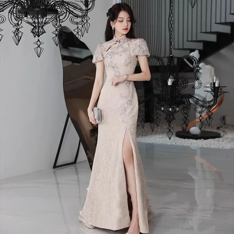 Elegant Lace Flower Wedding Dress Backless Qipao Women Sexy Hollow Out Cheongsams Bride Vestidos Chinese Dresses Ball Gown