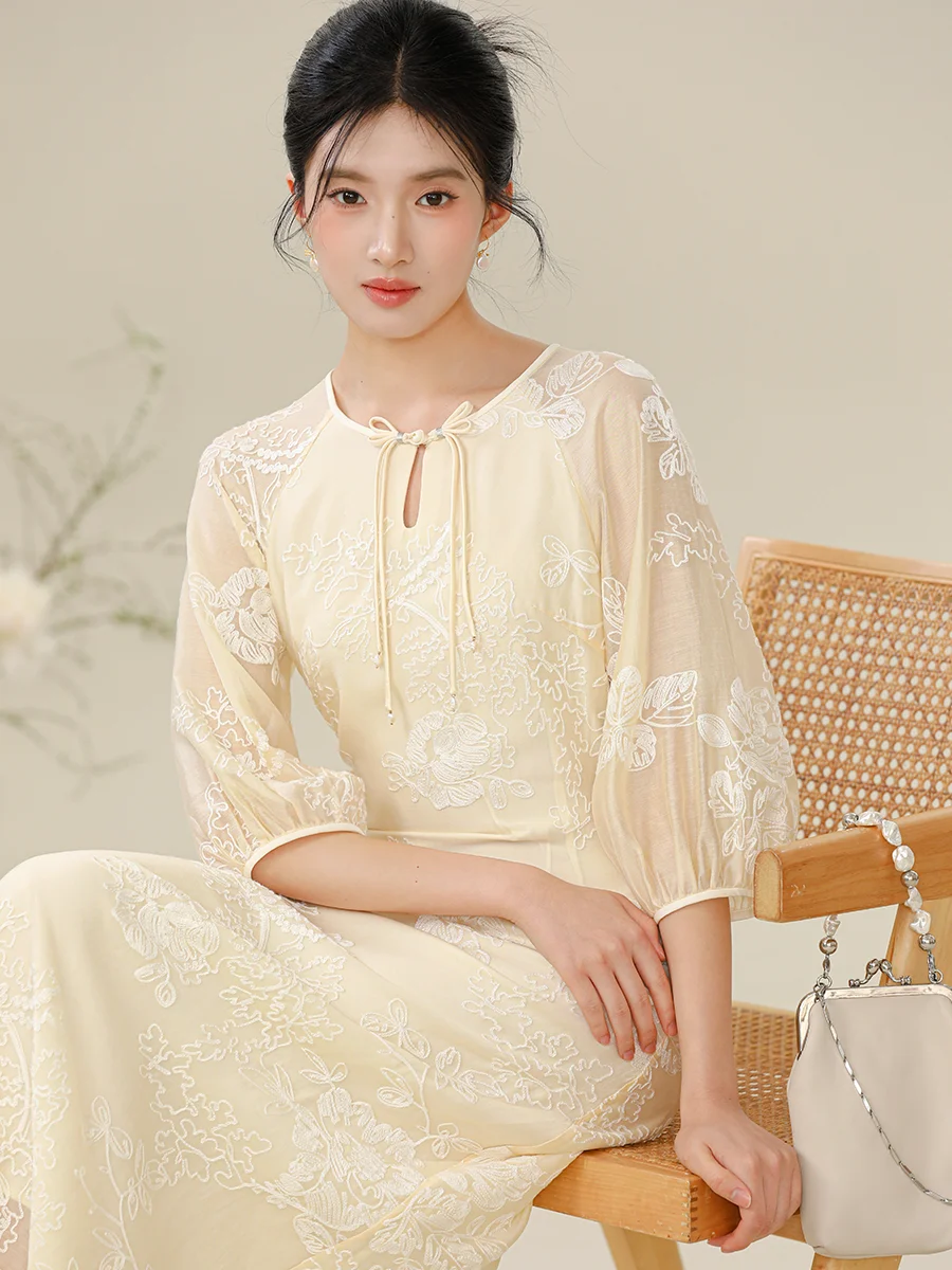 

New Chinese Sle Embroidered Belted Waist Improved Dr Women Summer Autumn Linen Long Qipao Gown Ele Lady Dr