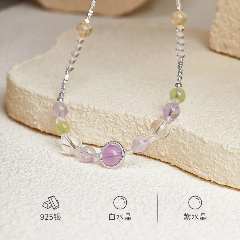 S925 sterling silver white crystal amethyst gold hair crystal transfer bead necklace female ins wind small fresh gift for