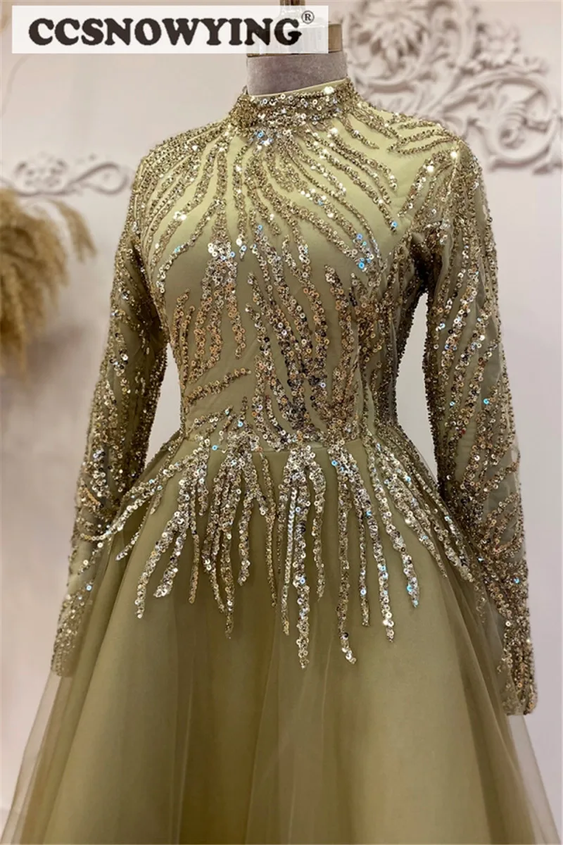 Luxury Beaded Muslim Evening Dress Long Sleeve Prom Dress High Neck Islamic Arabia Dubai Formal Party Gown Hijab Robe De Soiree