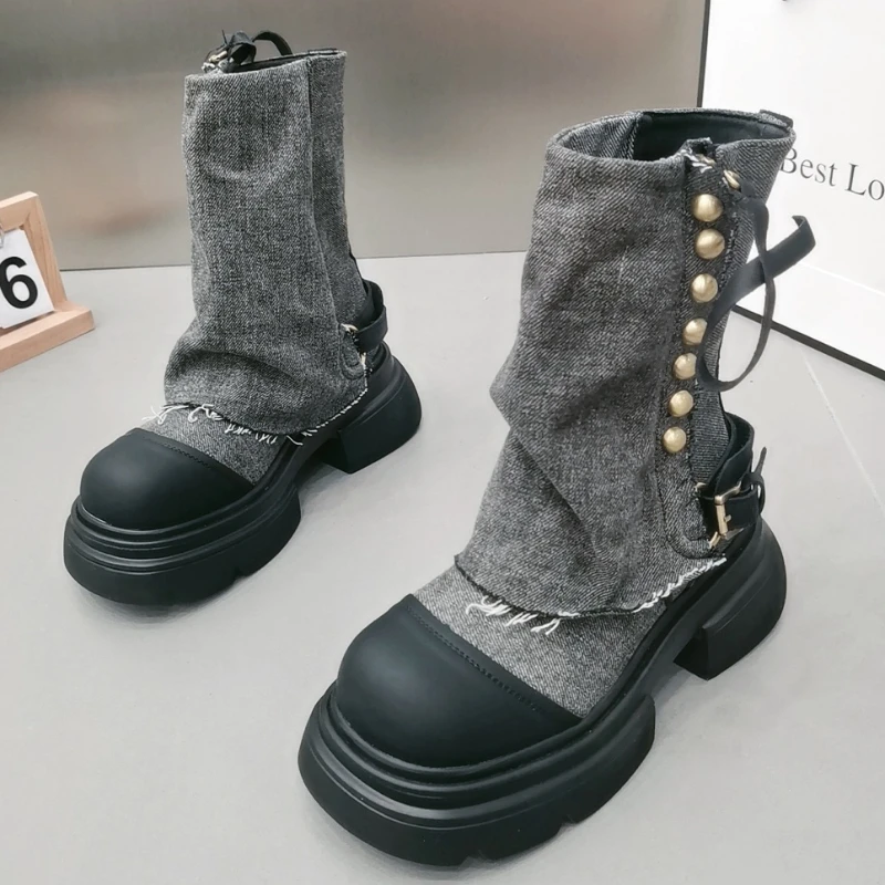 Women Flats Ankle Cowboy Chelsea Boots Winter Fad Platform Gladiator Goth Shoes 2023 New Chunky Motorcycle Botas Women  Zapatos