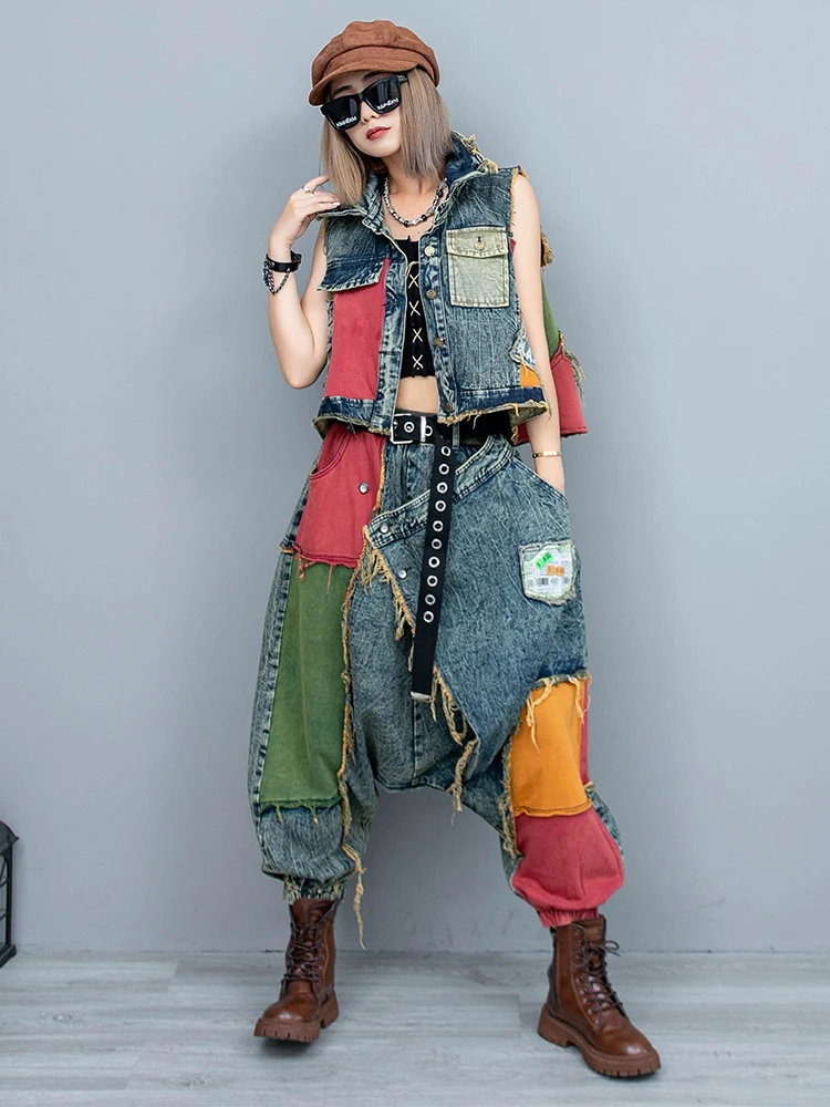 New Personalized Fashion Set Women's Contrast Old Sleeveless Denim Vest Harem Pants Patchwork Streetwear Straight Two Piece Set