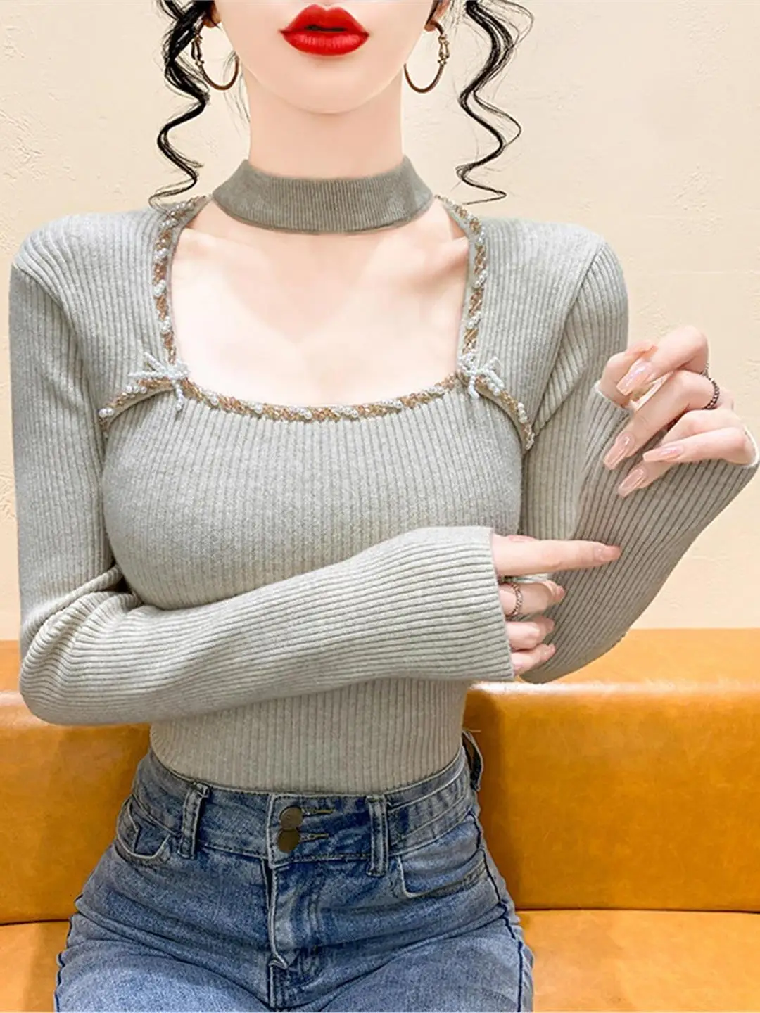 Feminino longo sve gola quadrada camisola de malha fino ajuste interior irt topo inverno faion sensação grânulo design ne pendurado