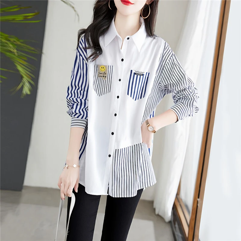 Women Striped Patchwork Pockets Streetwear Button Shirts Korean Fashion Long Sleeve Loose Blouses Chic Cotton Tunic Tops Blusas