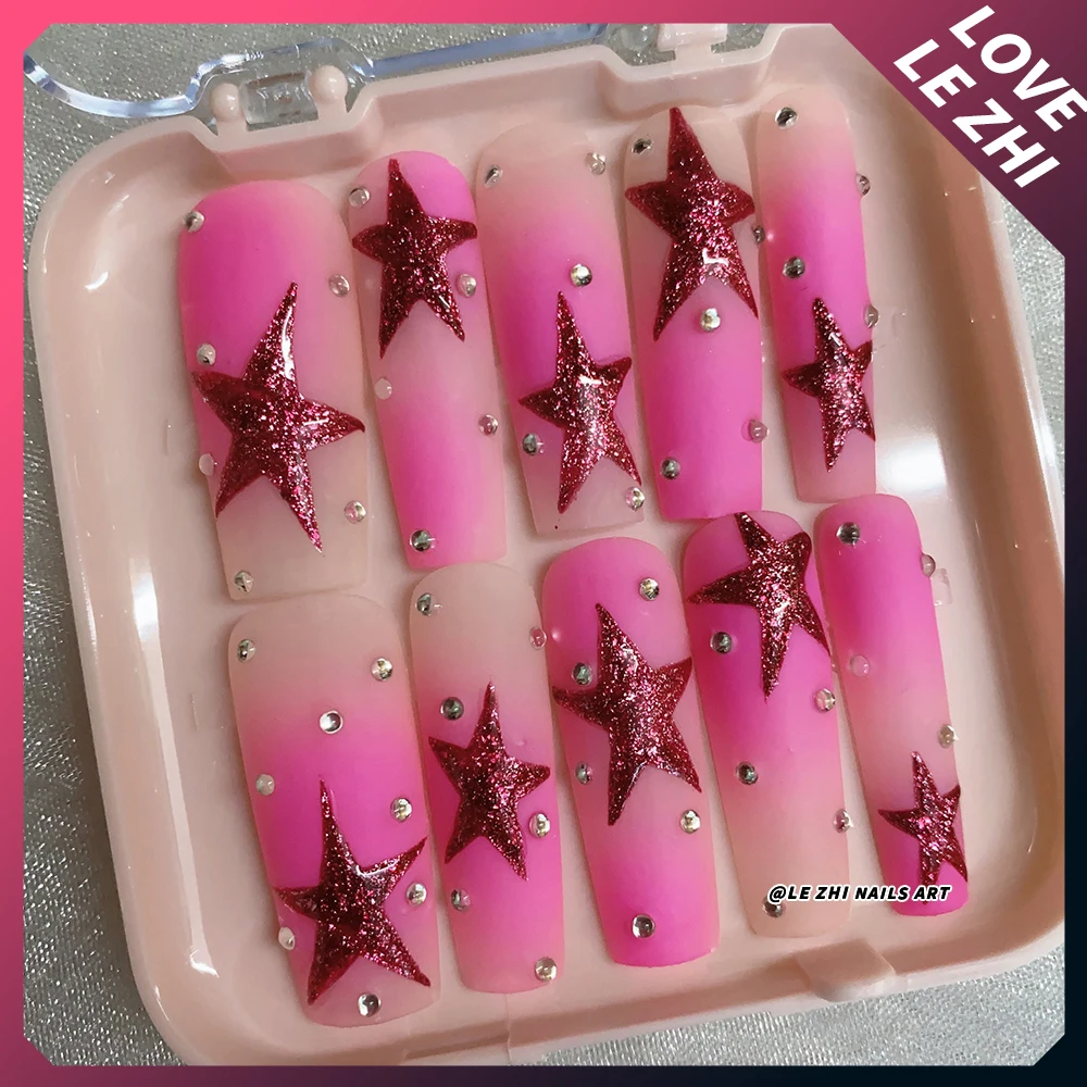 Y2K Spice Girl Punk Long Square Almond Handmade Nail Party Sticker Magic Mirror Pink Pearl Rhinestone Wearable Press On Nails