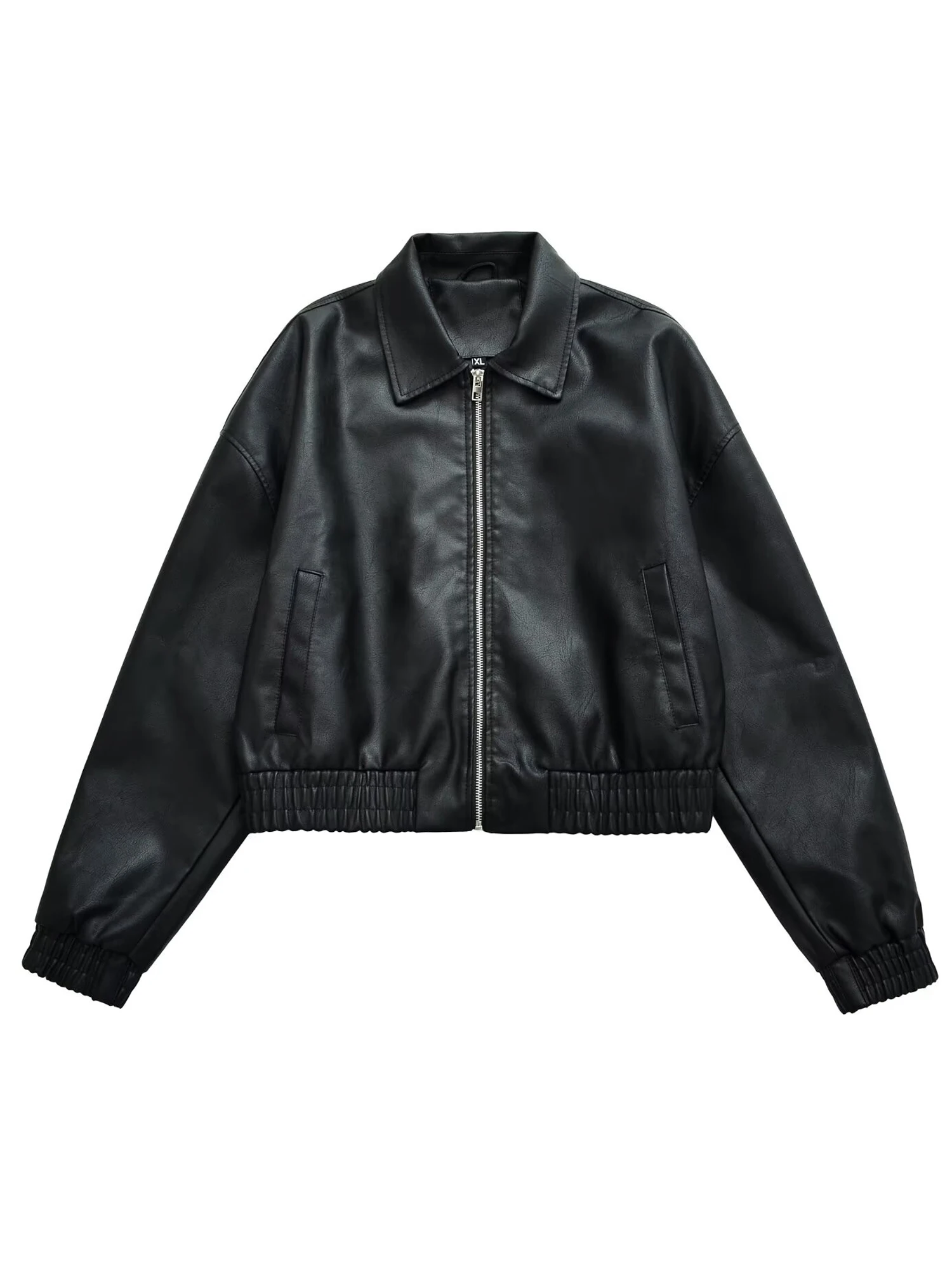 Vintage PU Leather Bomber Jackets 2025 Autumn New Ladies Zipper Lapel Long Sleeve Pocket Coat Brand Women's Loose Streetwear Hot