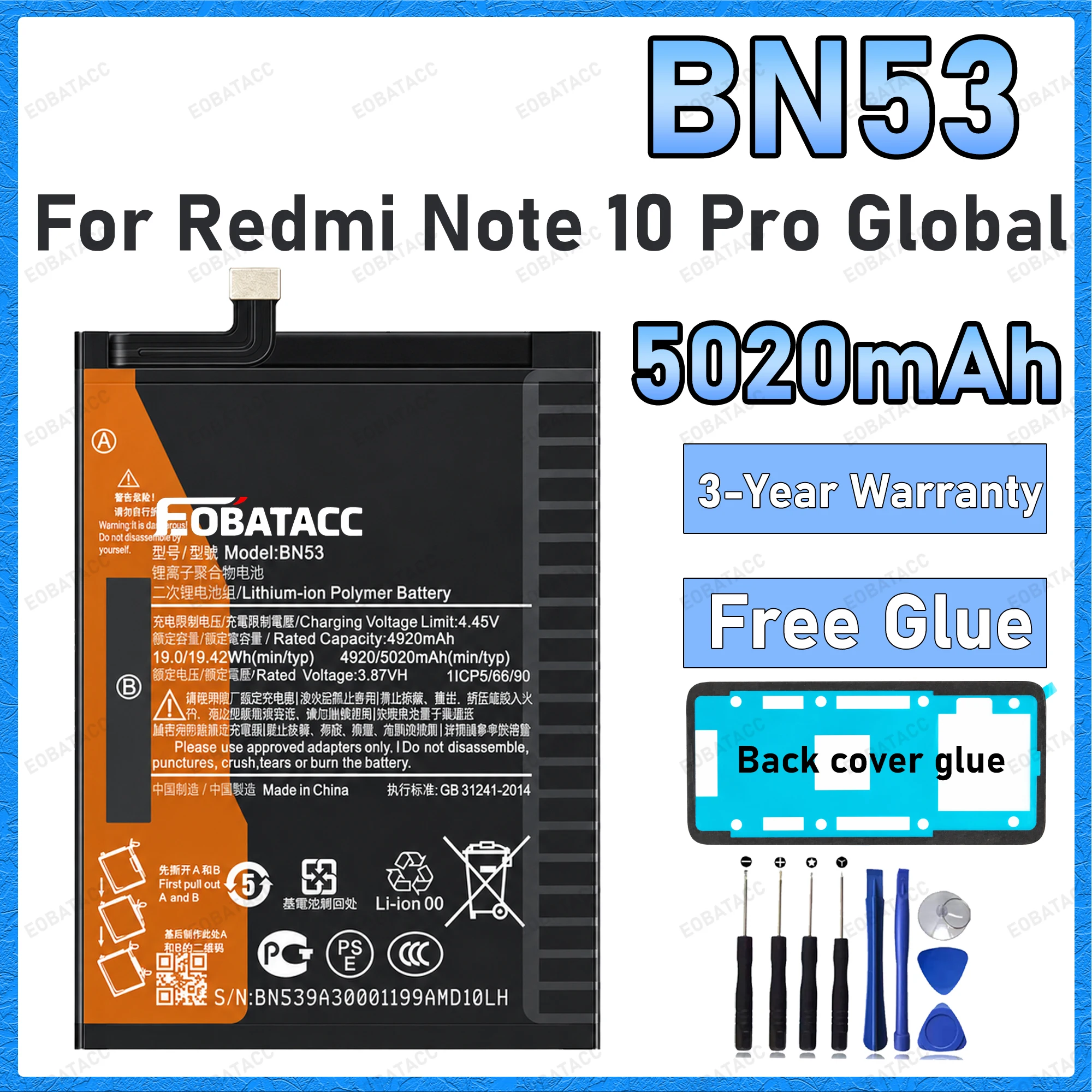 100% New High Quality 5020mAh BN53 Battery For Redmi Note 10 Pro Global Batteries+Free Back cover adhesive