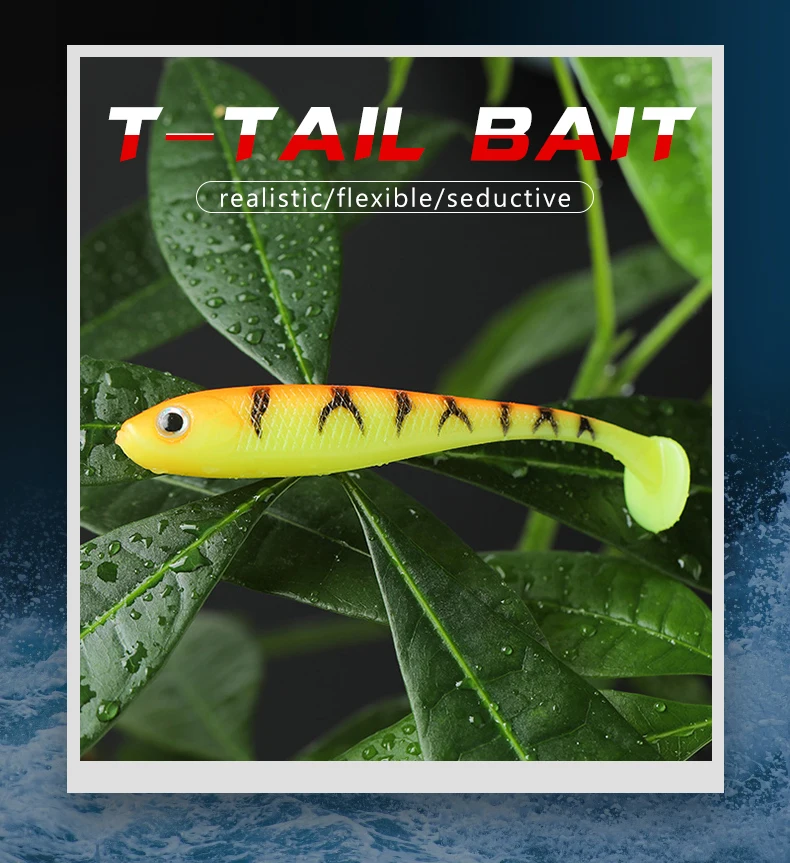 CIBO 5 Stück T-Tail-Weichköder mit 3D-Augen, 7 cm, 2,1 g, bionischer Köder zum Angeln auf Barsch, Hecht und Schlangenkopf – Detail 1
