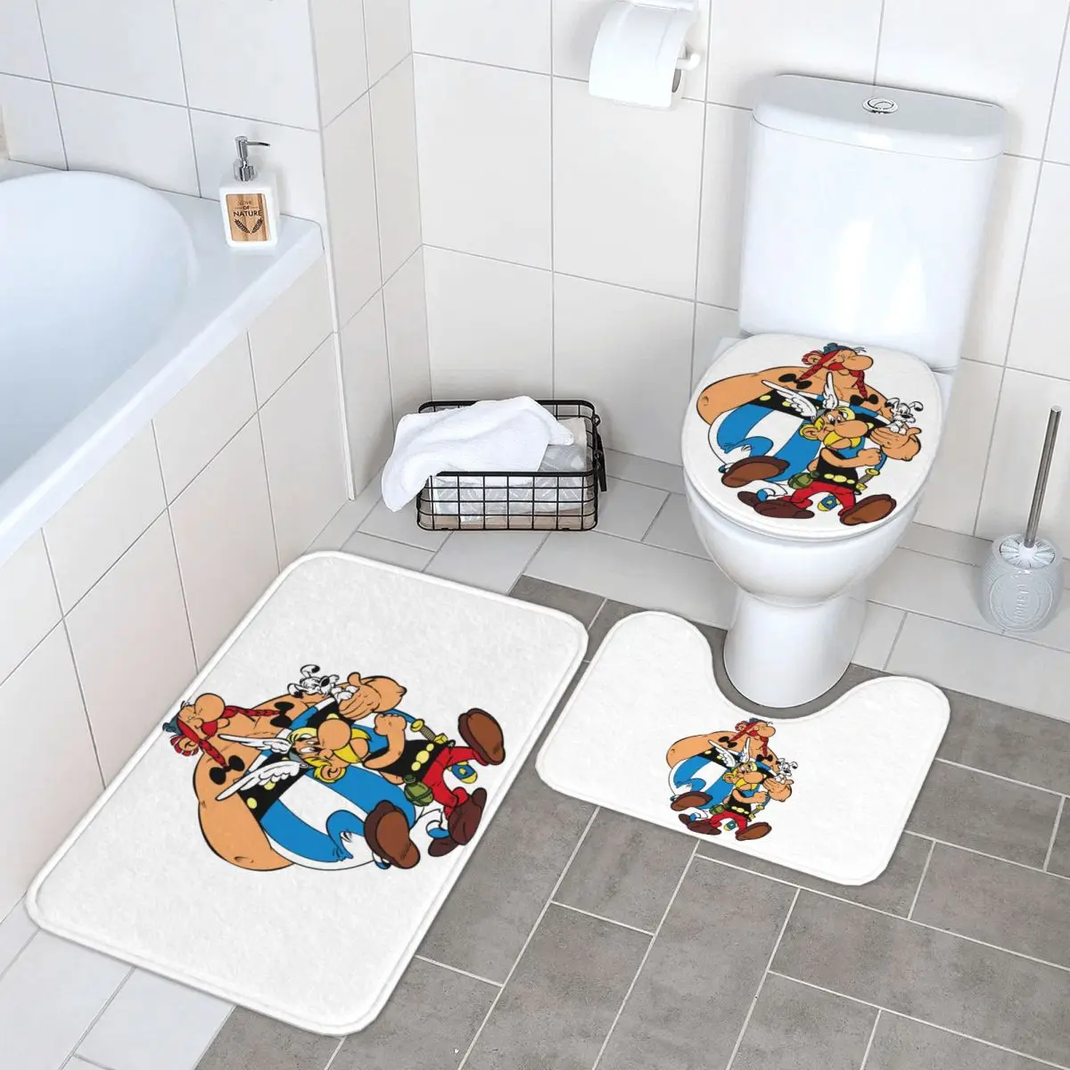 

Asterix And Obelix Dogmatix 3 Piece Bath Mat Bathroom Set Toilet Lid Cover Home Decor Non-Slip Carpet Floor Rug