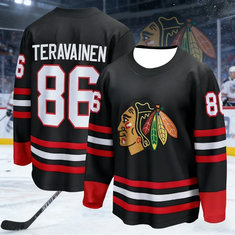 Chicago Ice Hockey Jersey Men's Blackhawks Black Long Sleeve Sports Sportswear Breathable Team Uniform for Hockey Fans Day &Gift image 5