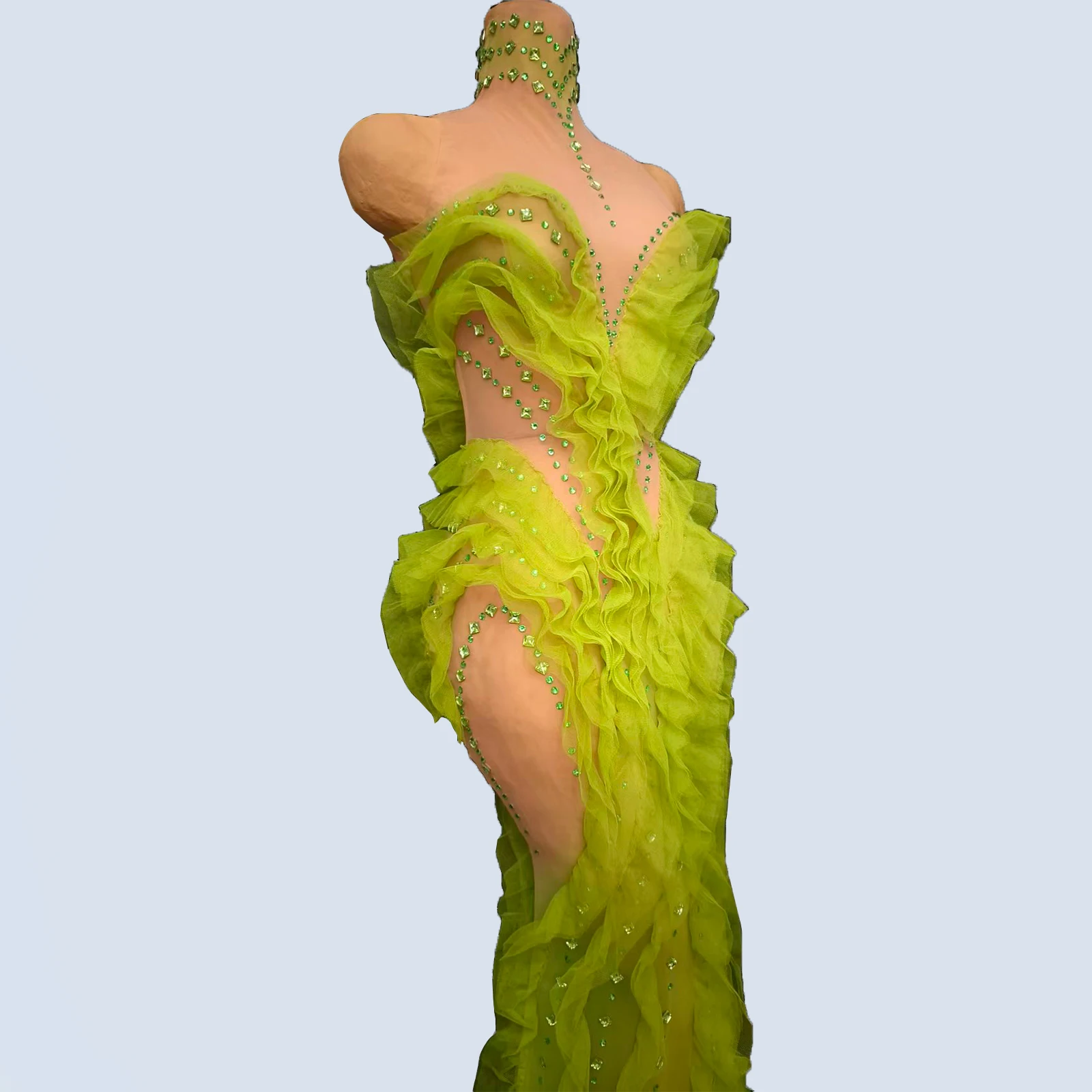 

Women's Event Costume Sexy Green Crystal Long Dress Show Girl Stage Performance Outfit Look Drag Birthday Festival Singer Wear