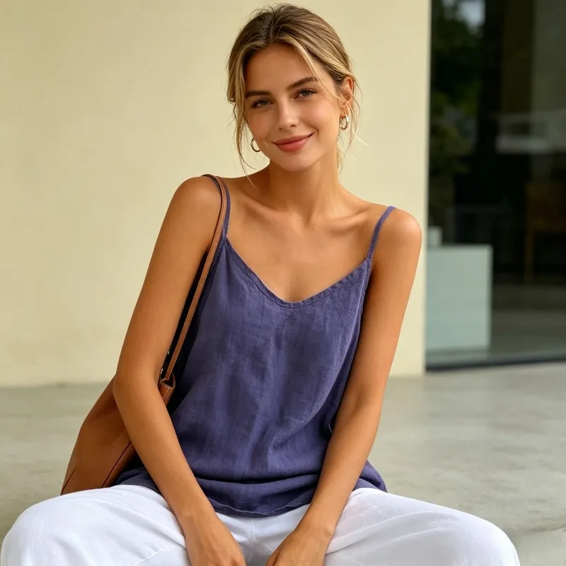 Solid Color Loose Fit Sleeveless Off Shoulder Women's Tank Top 2026 Summer Lightweight Casual V-neck Vintage Minimalist Vest