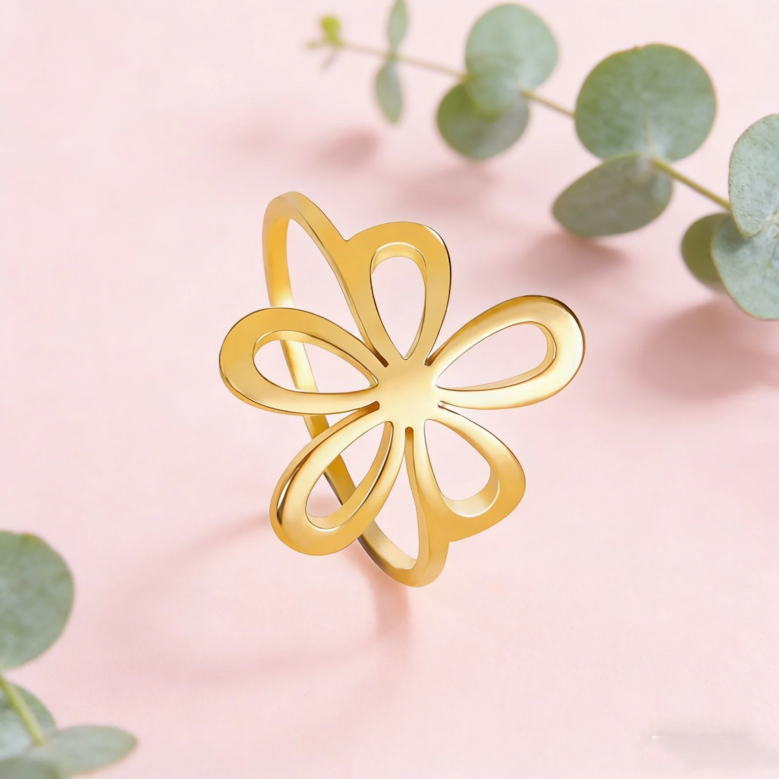 Edelstahl-Blumenring für Frauen und Mädchen, Goldener und Schöner Böhmischer Romantischer Ring, Verlobungsschmuck und Geschenk