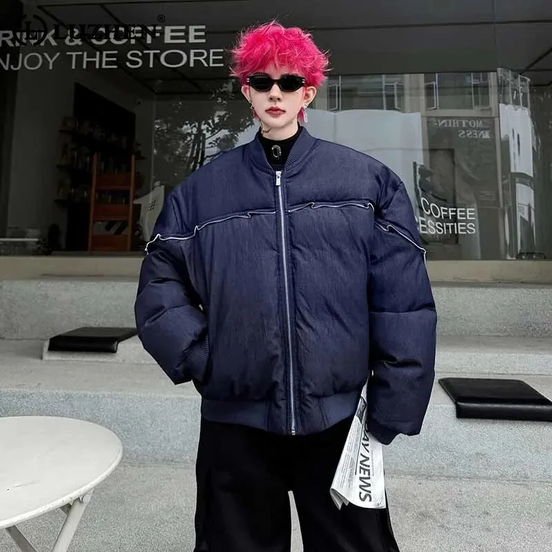 

LUZHEN 2025, зимняя однотонная бейсбольная куртка на молнии с декоративной подкладкой, мужская свободная утолщенная уличная парка, одежда JY5044