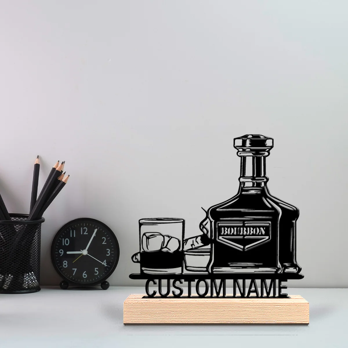 1pc Creative Whiskey Cigar Customizable Name Metal Statue Art Figurine With Wood Base With Wood Base Study Desktop Decoration