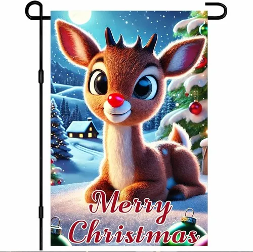 Garden Flag Winter 12 x 18in. Cute Reindeer Flag Red Nose Snowy Landscape RRM IIX SSL