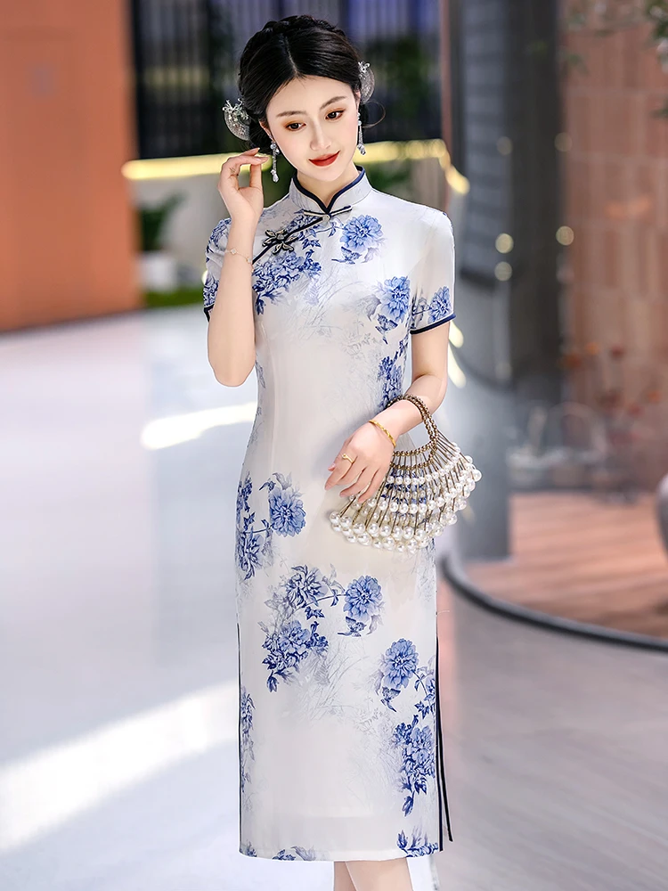 

New Chinese Sle Qinghua Porcelain Young Model Mid-Length Straight Collar ort Sve Daily Wear Summer 2025