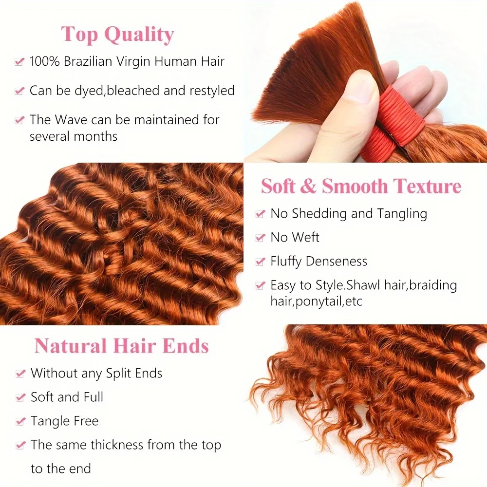 350 Dark Ginger Braiding Hair  Extensions Deep Water Wave Bulk Human Hair  10A Brazilian Human Bariding Hair for Boho Braids