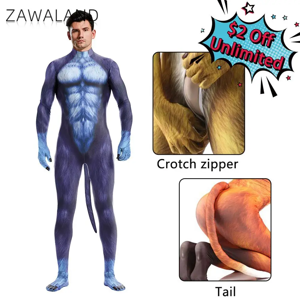 Zawaland cosplay traje para o sexo masculino adulto capa completa elástico zentai pet terno animal de estimação cão filhote cachorro impressão catsuit bodysuits com cauda