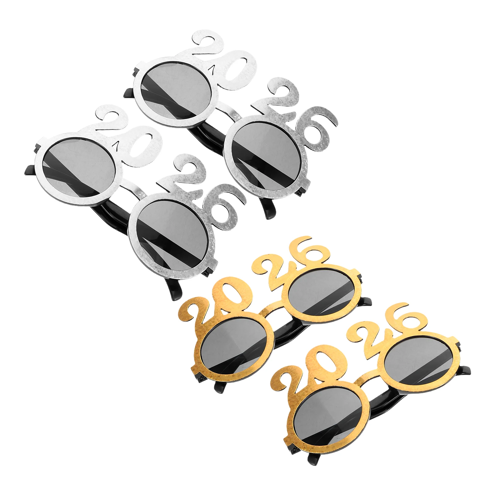 

4Pcs 2026 Glasses Round Lens Glitter Finish New Year Celebration Party Eyeglasses Photo Props Festive Eyewear 2026 Sunglasses
