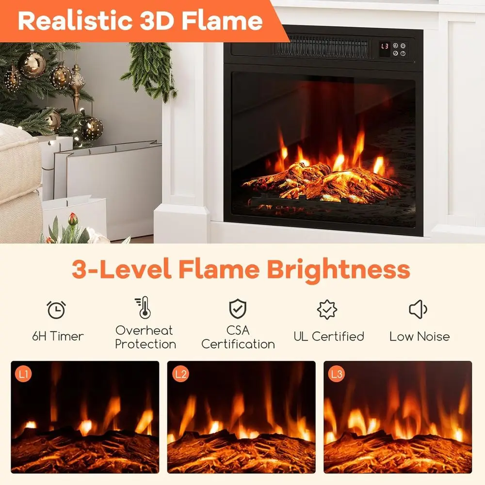 32 Electric Fireplace with Mantel, Wooden Fireplace Surround, Freestanding 18 Fireplace Insert Heater with 3 Flame Effects, Remo