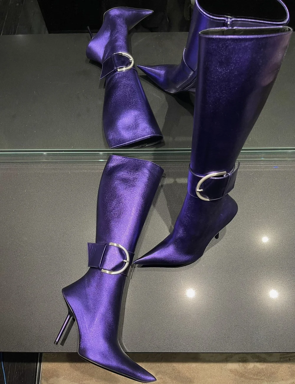 

Purple Metallic Stiletto Heel Knee-High Boots Adjustable Metal Buckle Strap Pointed-Toe Side Zipper Runway Style Women Mid Boots