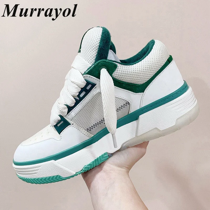 Round Toe Mixed Color Thick Bottom Casual Shoes Lace-up Breathable Flat Walking Shoes  Four Seasons Sneakers Unisex Board Shoes