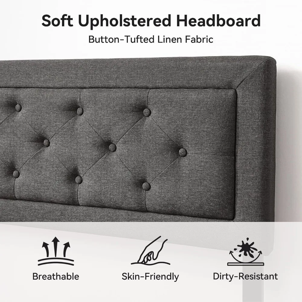 โครงเตียงหุ้มเบาะขนาดควีนไซส์พร้อมแผ่นไม้รองรับและหัวเตียง