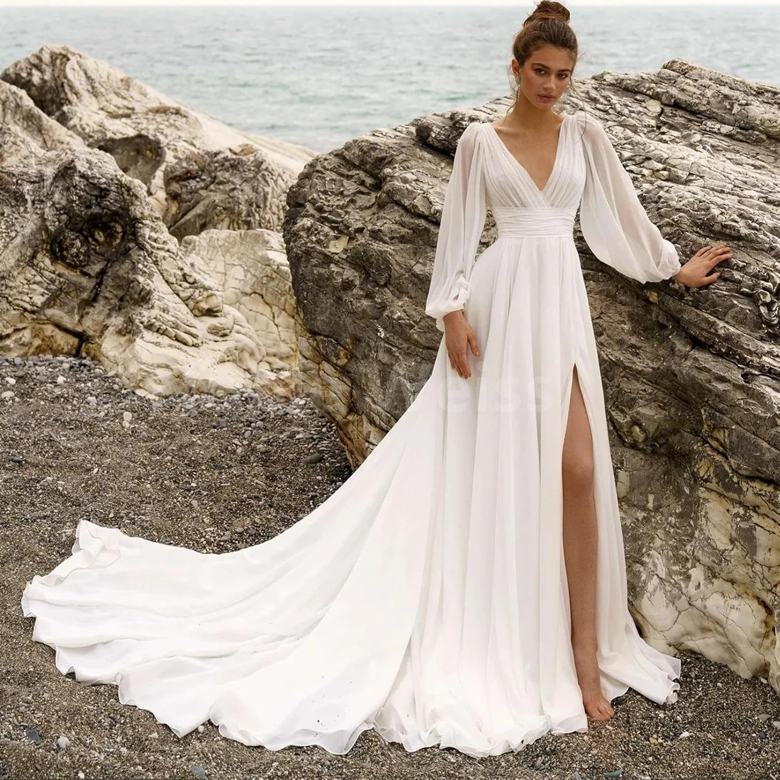 

Beach Long Sleeve Wedding Dresses for Bride V Neck Slit A Line Chiffon Bridal Gown with Train Customized