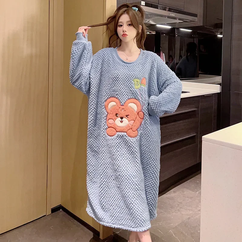 150kg 5XL Thicken Coral Fleece Nightgown Women Large Size Pajamas Autumn Winter Thickened Home Dress Sweet Cartoon Loungewear