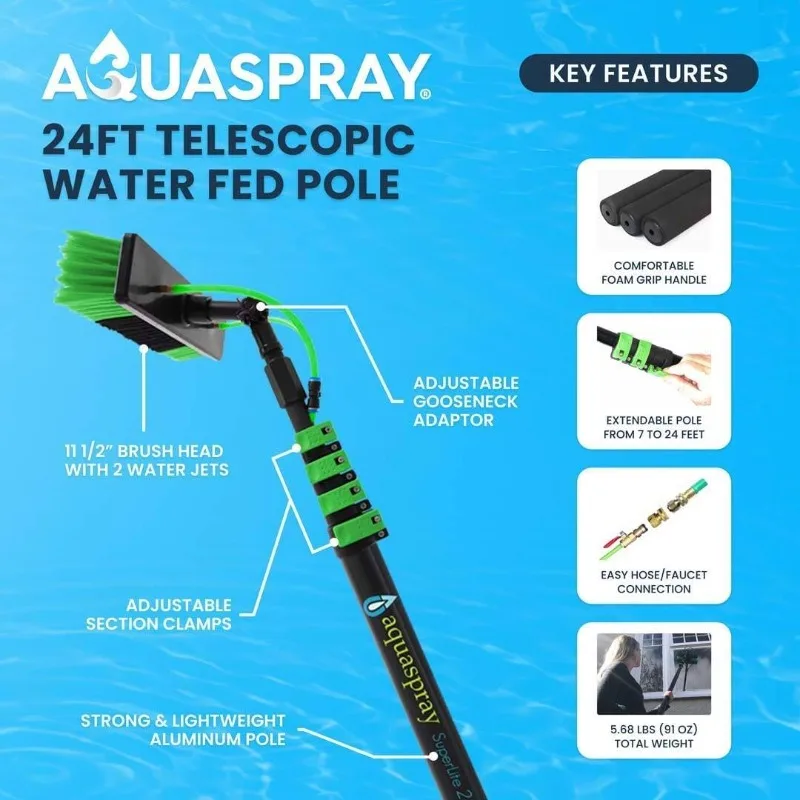 Lightweight 24 Feet Solar Panel Cleaning Brush & Pole Water Fed Pole Kit Window Cleaner & Solar Panel Cleaning System