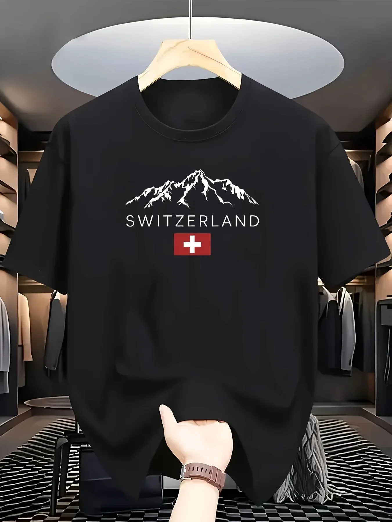 

2025 New European Men's Summer 100% Pure Cotton Fashionable Casual Sporty Swiss mountain Pattern Printed round-neck short-sleeve