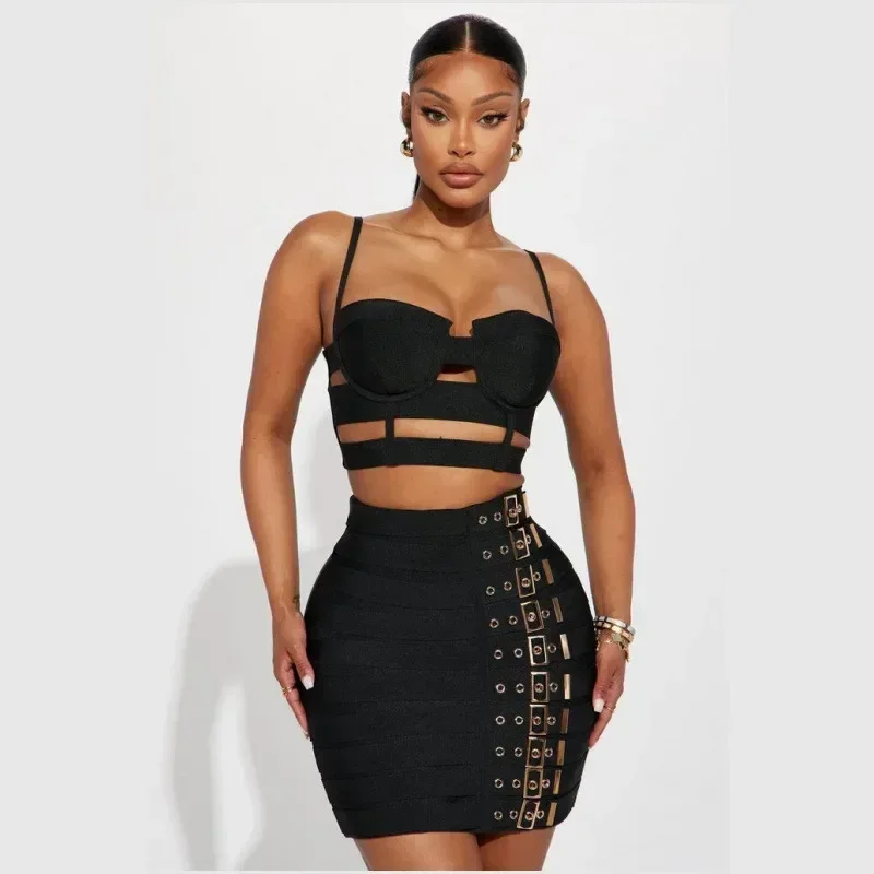 Spring And Summer Black Sexy Two-piece Bandage Skirt Set Suspender Vest Top + Belt Buckle Miniskirt Nightclub