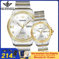 OUPINKE Couple Watches Pair for Men Women Romantic Diamond Watch Set Sapphire Mirror Male Watch Ladies Watch Set Gift