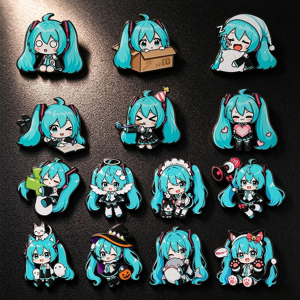 Kawaii Virtual Singer Anime Girl Enamel Pin Set Cute Q Version Turquoise Twin Tails Lapel Brooches Badges 6/8/14Pcs