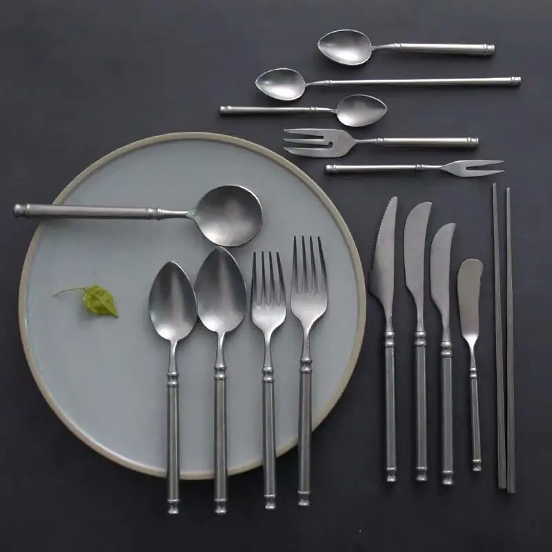 Retro Matte European 304 Stainless Steel Cutlery Complete Tableware Set Ins Snow Sand Dinner Knife Fork Spoon Dessert Coffeeware