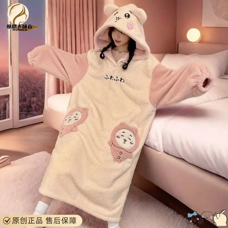 Anime Chiikawa Robe Autumn Winter Sleepwear Women's Thick Warm Nightgown Sleeping Pants Hooded Home Suit Cartoon Home Wear Gifts