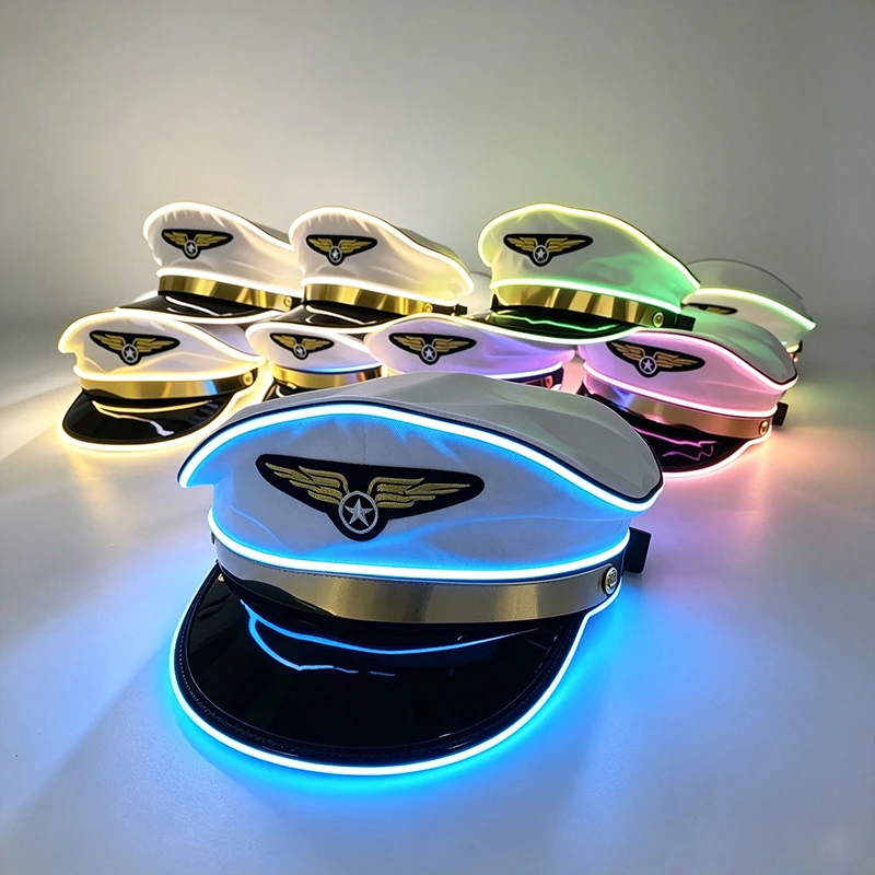 Glowing LED Captain Pilot Hat Multicolor Light Up Cap For Halloween Rave Club Party Men Women Costumes Cosplay Hats