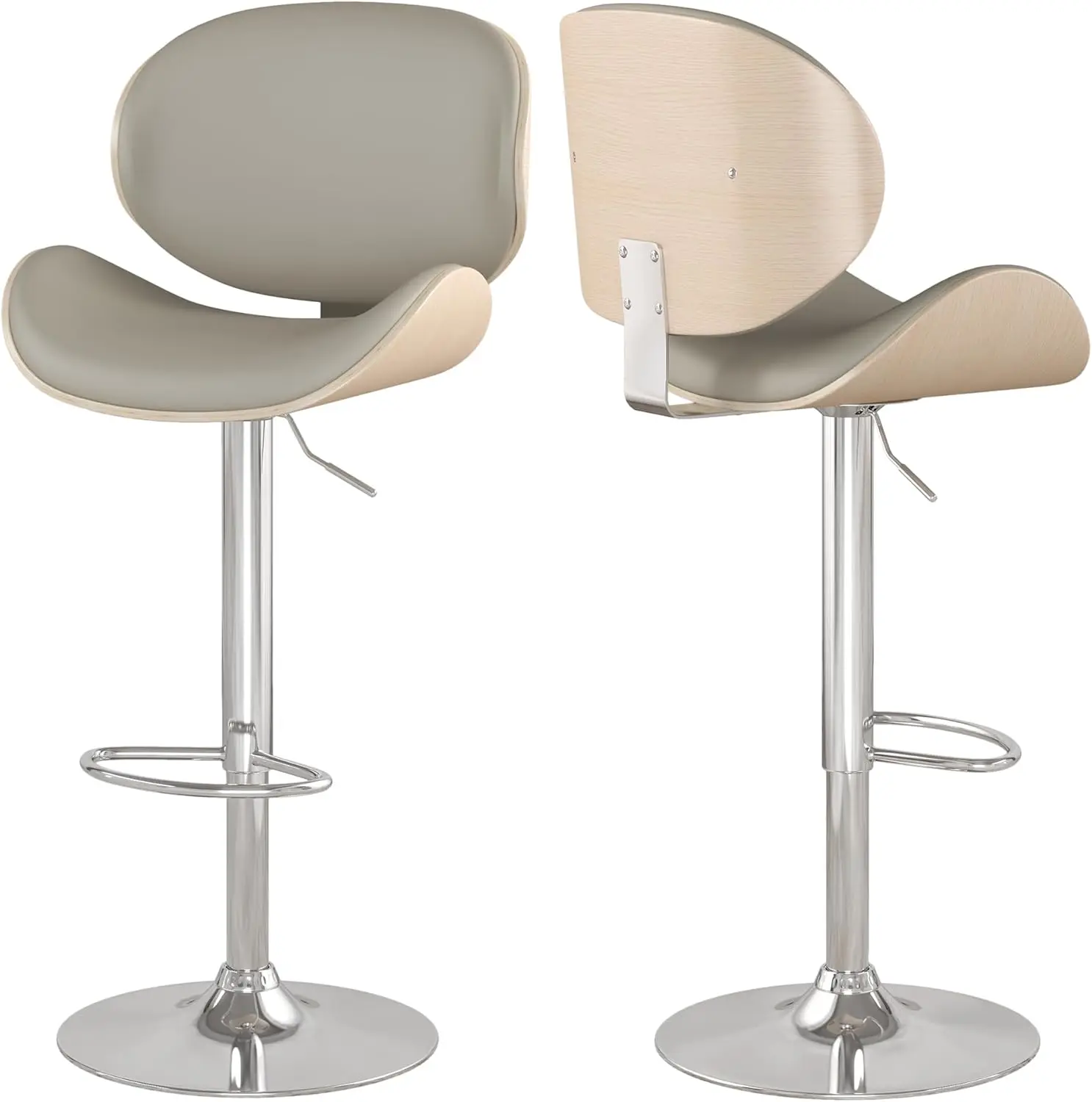 

Adjustable Swivel Bar Stools Set Of 2, Modern Bentwood Barstool With Large Metal Base And Footrest, Pu Leather Upholstered Bar