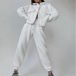 Women Two Pieces Pant Sets Single Breasted Jacket Solid Coat Drawstring Pants Suit Thick Warm Jackets Casual Lady Regular