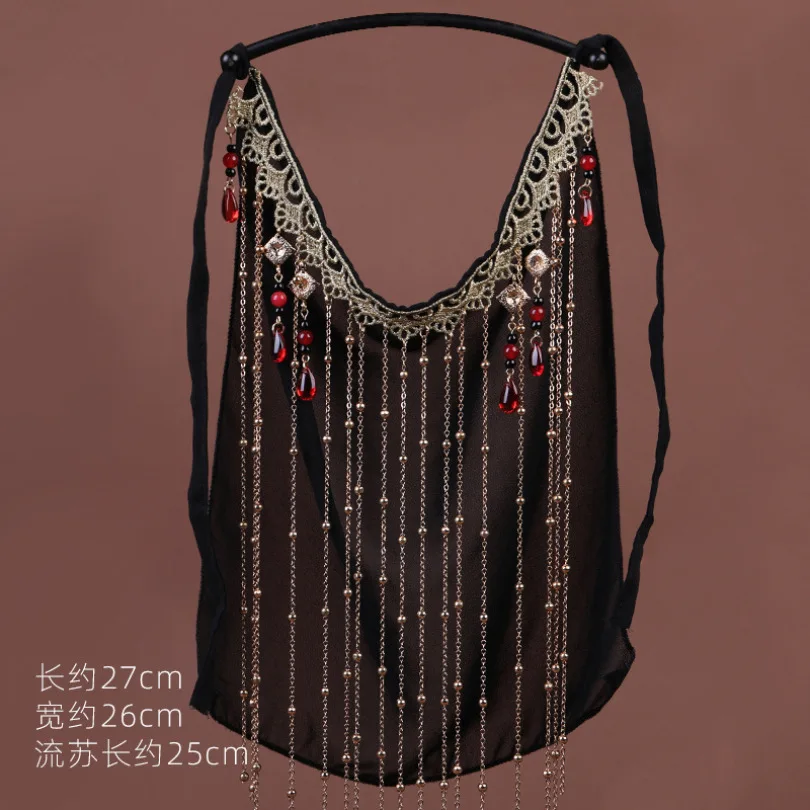 Face Curtain Antique Beads Tassel Veil Black Chiffon for Women