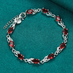 Pulsera de plata de ley 925 para mujer, cadena de conejo de circón rojo AAA, joyería de moda para fiesta, compromiso, boda, regalo de cumpleaños