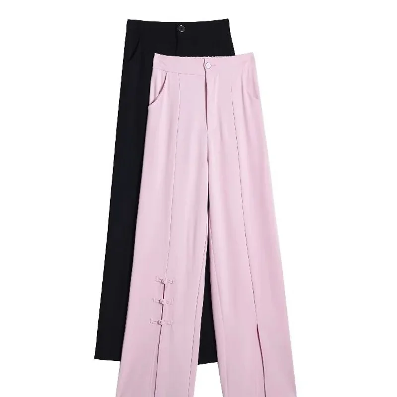 Temperament Ladies Chinese Style High Waist Straight Women's Clothing Solid Color Spring Autumn Fashion Buttons Flare Pants