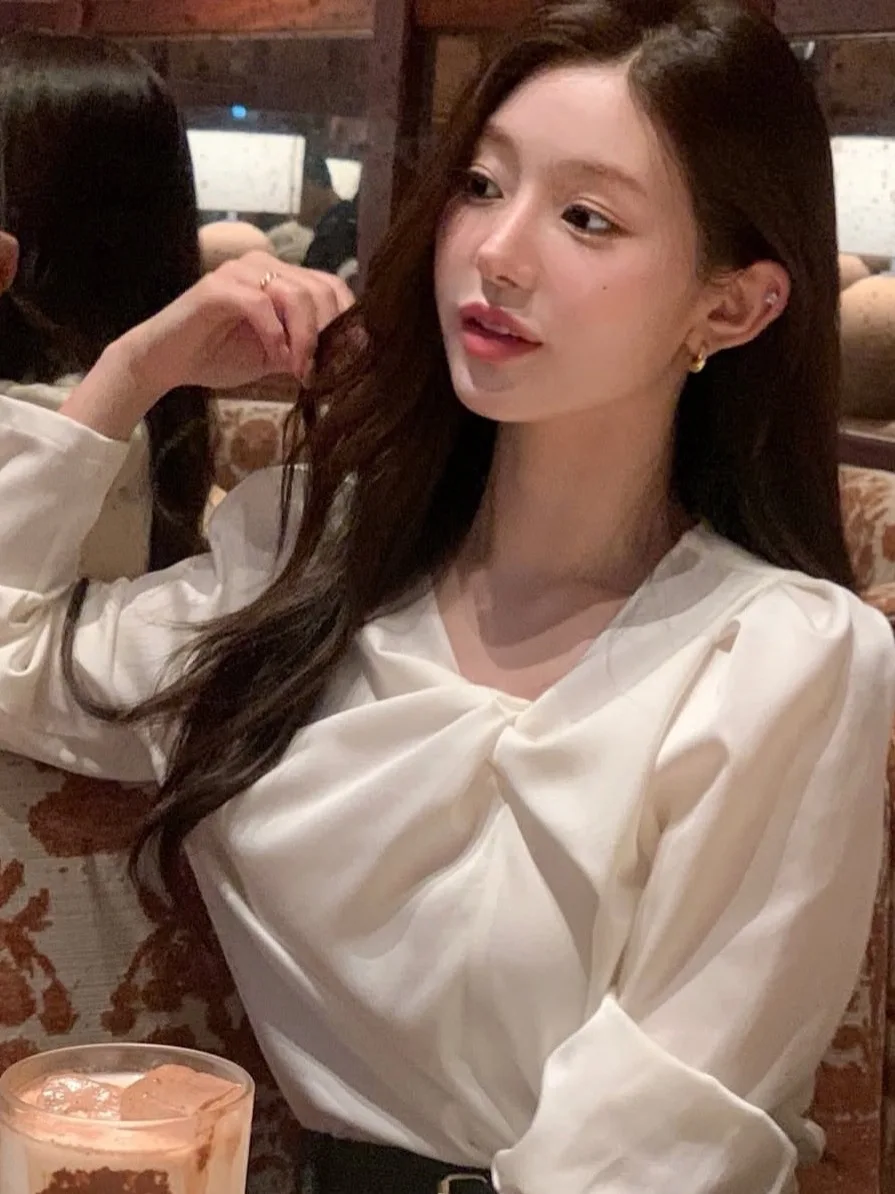 

Ele White Pleated Collar Long Sve Women's irt Versatile Sweet Sle High-End Design Korean Fit Breathable Skin-Friendly