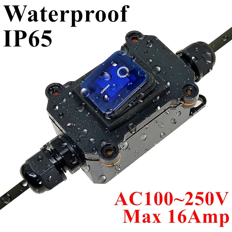 16A Heavy Duty Waterproof Inline On/Off Switch 4-Pin 2 Position AC250V Blue LED Indicator Dustproof Oil Proof