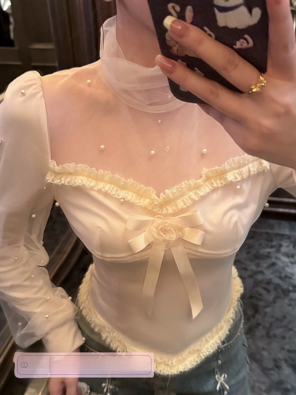 

Ice Has Come | Evening Glow Semi-Transparent irt with Beads Slim Fit Ele Lady Sle French Sle Long Sve ...