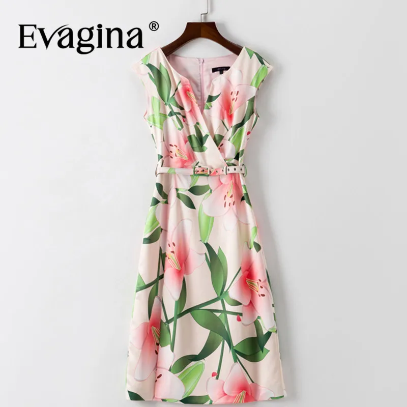 Evagina Fashion Design Summer Women's Dress Sleeveless Print Lace-UP Slim Holiday Pink A-Line Mini S-XXL Dresses