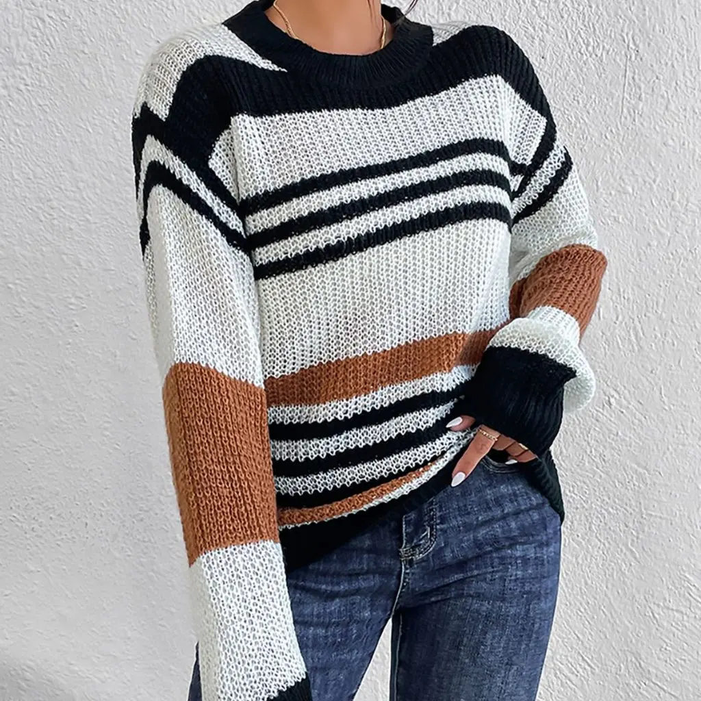 

Women's Autumn Winter Pullover Sweater European American Style Color Striped Stitching Long Sleeve round Neck Top for Ladies