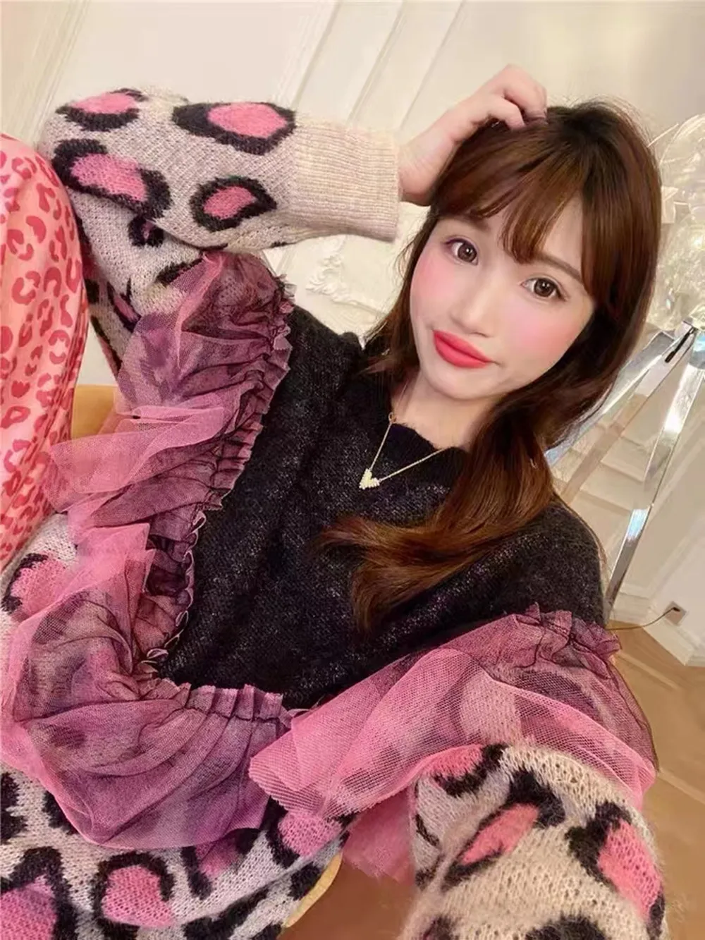 Elegante pullover con stampa leopardata Top in maglia da donna Maglioni patchwork in maglia di colore a contrasto Autunno allentato Mujer Maglioni сislavт